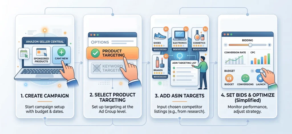 Infographic outlining the four key steps to set up an Amazon PPC ASIN targeting campaign, from creating the campaign to setting bids.
