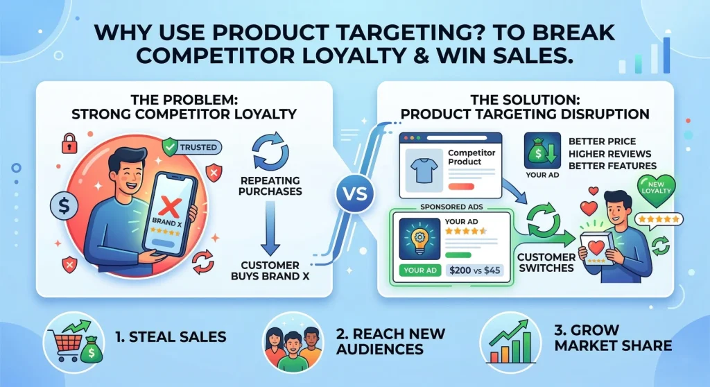 Infographic explaining how Amazon PPC product targeting disrupts competitor brand loyalty to steal sales and grow market share.